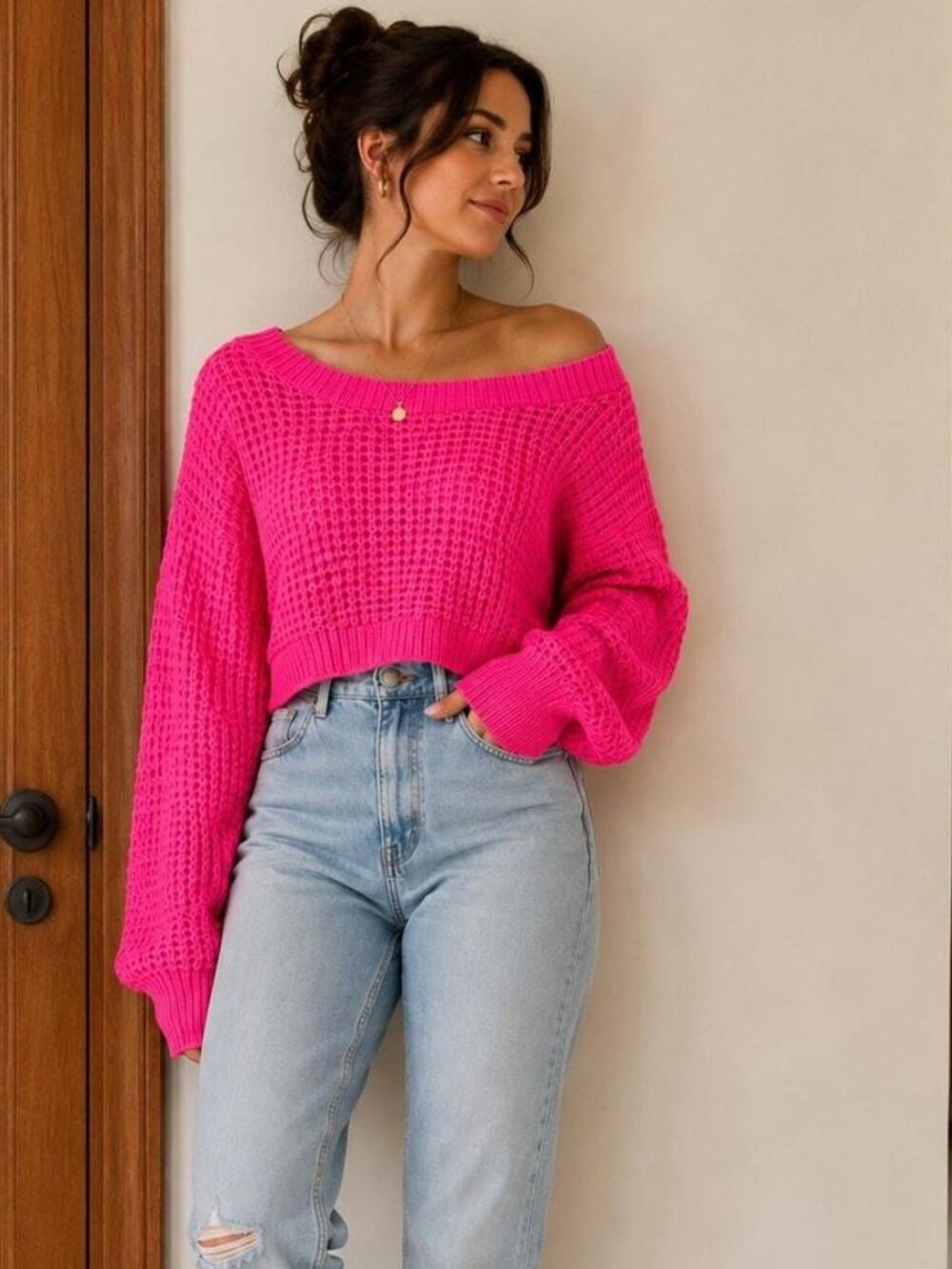 Originality Hot Pink Waffle Knit Sweater Size Large